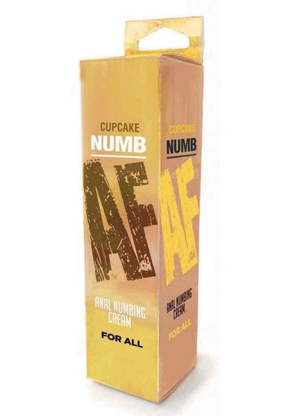 Yellow and brown box of cupcake NUMB AF Anal Numbing Cream. The front showcases "NUMB AF" in large, distressed text, with "Anal Numbing Cream" and "For All" beneath it. The flavor is labeled at the top. The packaging is bold and flavor-specific, designed for comfort during anal play.

