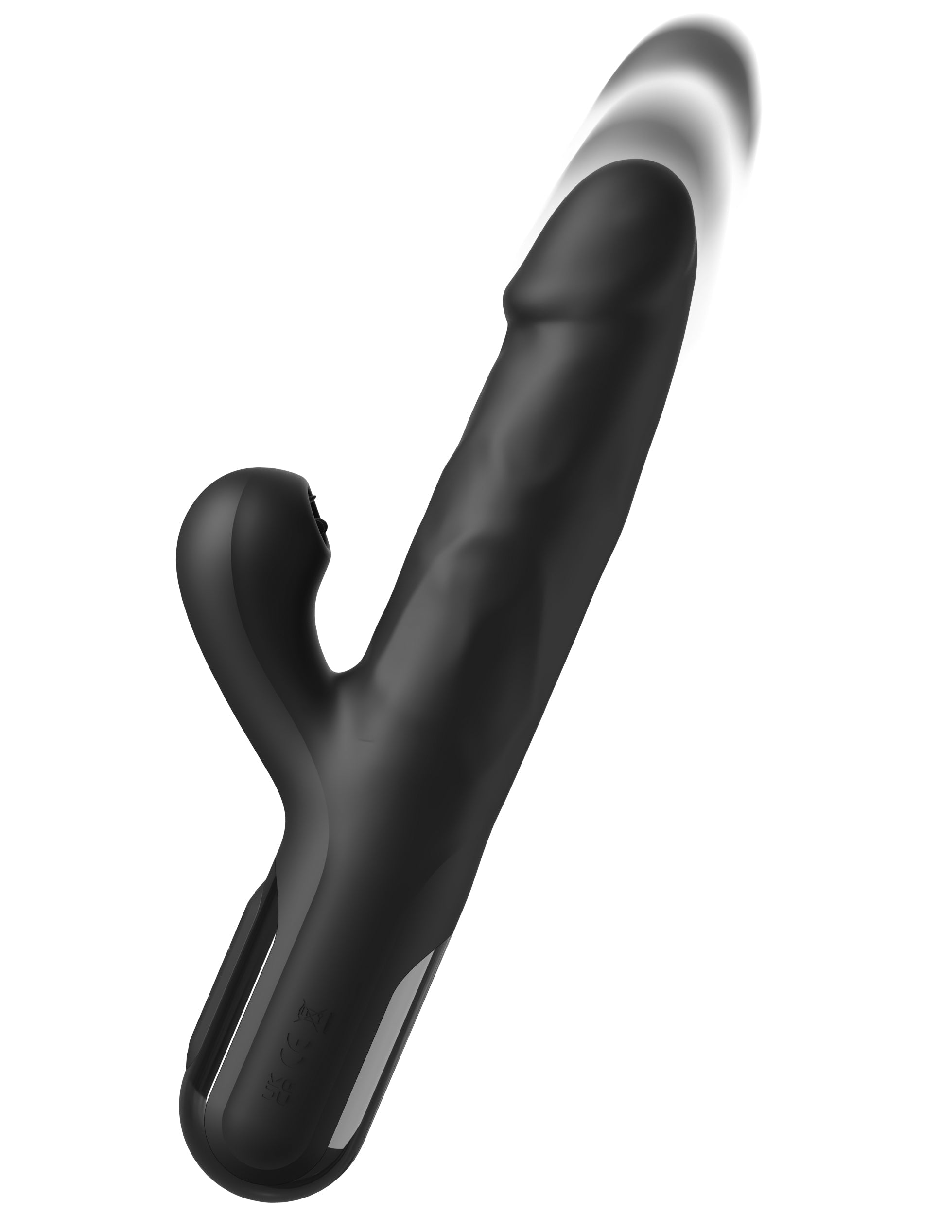 Black silicone rabbit vibrator with flickering clitoral stimulator and high-speed thrusting shaft; rechargeable, textured, and body-safe.