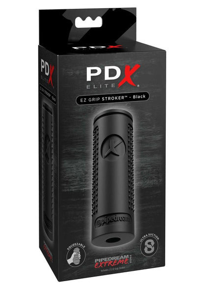 EZ Grip Stroker in black or clear, featuring textured interior ribs, bumps, and canals, with an enclosed bottom for powerful suction and a secure, non-slip grip.