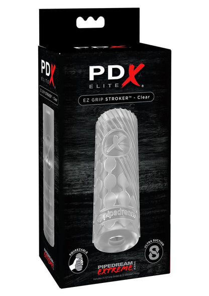 EZ Grip Stroker in black or clear, featuring textured interior ribs, bumps, and canals, with an enclosed bottom for powerful suction and a secure, non-slip grip.