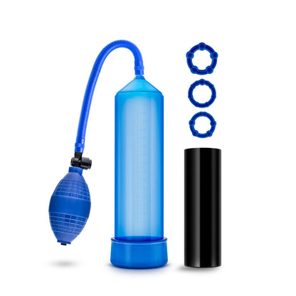 Blue penis enlargement kit with pump, stroke sleeve, and cock rings for harder, longer-lasting pleasure.

penis enlargement kit, Quickie Kit by Blush, Performance VX101 pump, penis pump, ribbed stroke sleeve, beaded cock rings, harder and bigger penis, silicone-safe materials, body-safe penis pump, water-based lube safe, blue penis pump kit.