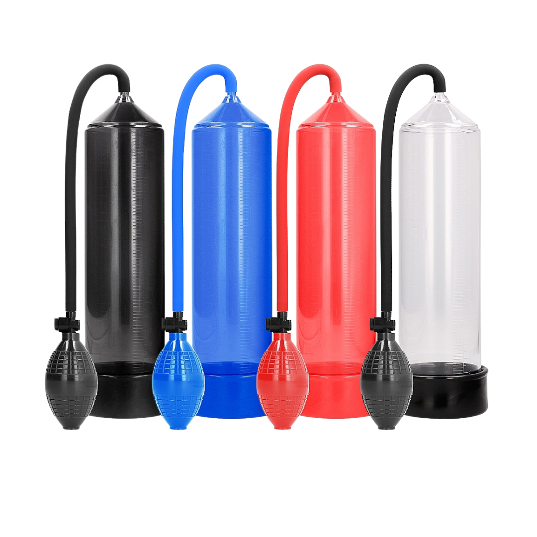 PUMPED Classic Penis Pump with a 9-inch cylinder, silicone sleeve, handheld pump, and quick-release valve. Available in black, blue, clear, or red.

Classic Penis Pump, penis pump for enlargement, black penis pump, blue penis pump, clear penis pump, red penis pump, silicone insertion sleeve, 9-inch cylinder pump, erectile dysfunction pump, penis growth vacuum pump, Shots PUMPED line.