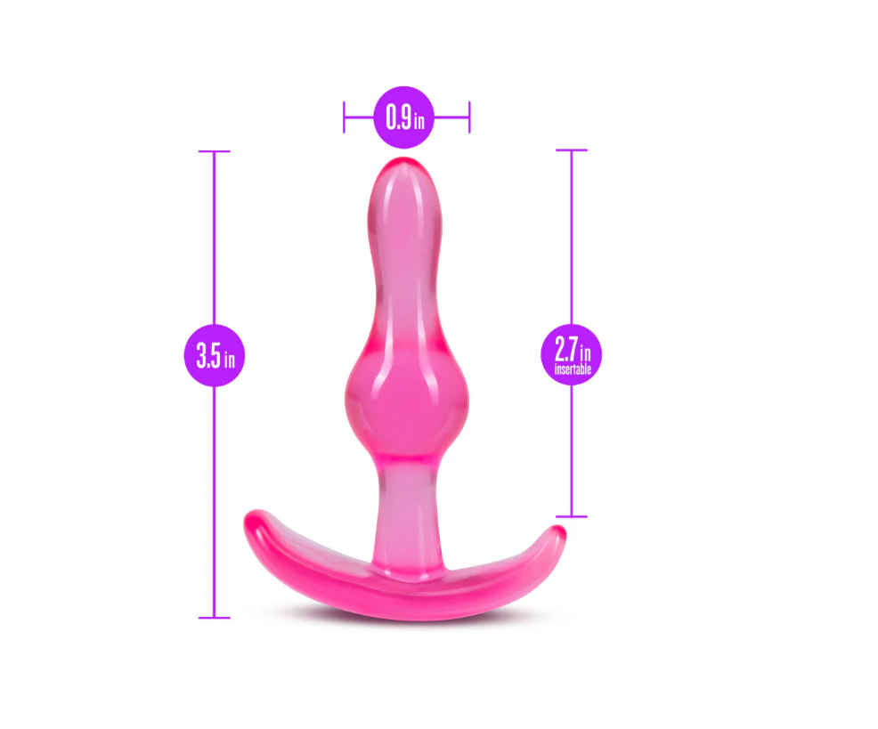 Pink B Yours Curvy Anal Plug with measurements: 3.5 inches in total length, 2.7 inches insertable, and 0.9 inches in width, shown with a curved ergonomic base for comfort.
