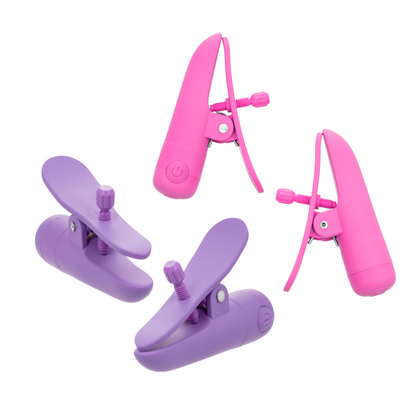 Nipplettes Rechargeable Nipple Clamps in pink or purple, with adjustable tension, 10 vibration functions, and waterproof, USB-rechargeable design.

pink nipple clamps, purple nipple clamps, adjustable nipple clamps, vibrating clamps, waterproof nipple clamps, USB rechargeable clamps, 10-function clamps, wearable nipple toys, sensory play accessories, stylish nipple clamps.