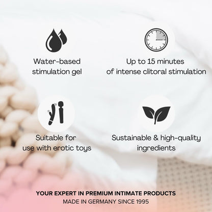 pjur WOMAN Lust Intense stimulation gel, water-based clitoral gel with 15-minute buzzing sensation and natural ingredients.
clitoral stimulation gel, buzzing orgasm gel, water-based stimulation gel, natural clitoral gel, toy-safe stimulation gel, pjur clitoral gel, tingling orgasm gel, intense clitoral gel, made in Germany lubricant.