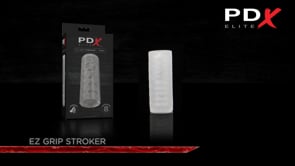 EZ Grip Stroker in black or clear, featuring textured interior ribs, bumps, and canals, with an enclosed bottom for powerful suction and a secure, non-slip grip.