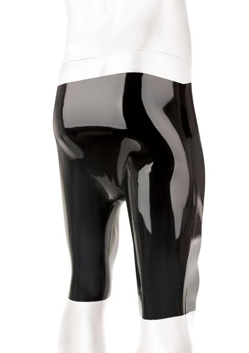 Black latex shorts with a sleek seamless finish, designed for bold fashion and kink, made from stretchy, luxurious latex material. Keywords: Prowler RED latex shorts, latex shorts, kinky fashion, role-playing wear, club scene outfit, fetish latex, seamless latex shorts, shiny latex, stretchy latex, latex statement piece, latex fetish gear. 