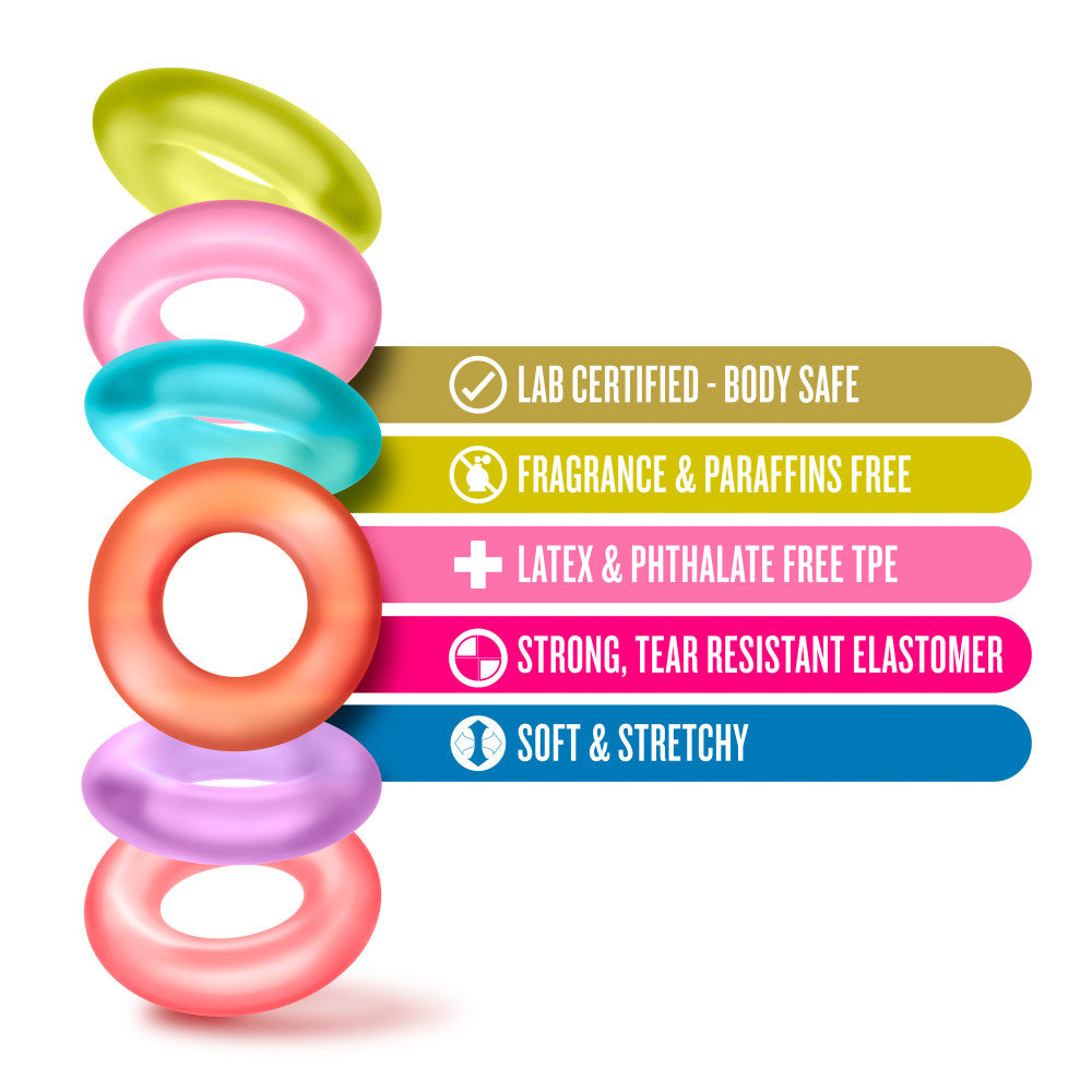 Vibrant, multi-colored King of the Ring cock rings in a 6-pack for stronger, longer erections. Super stretchy TPE material, body-safe, and easy to clean.