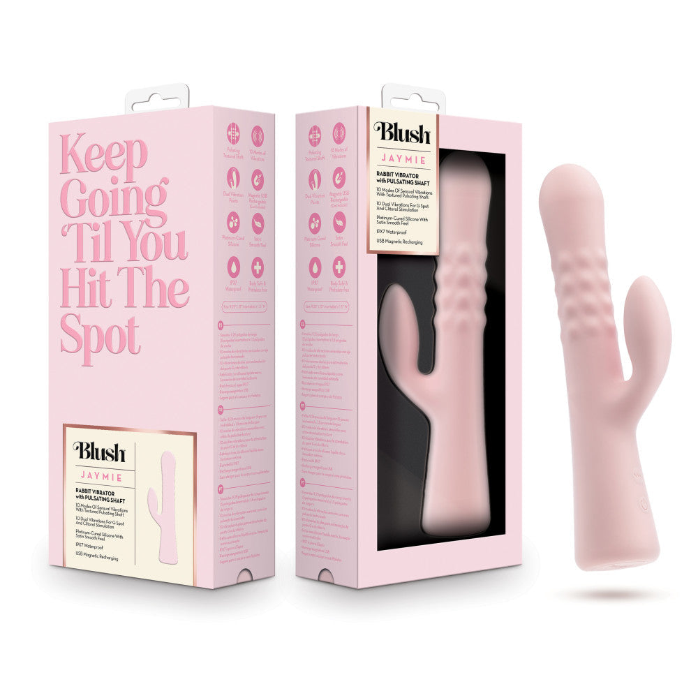 Pink rabbit vibrator with pulsating textured shaft, dual stimulation, and waterproof silicone design for G-spot and clitoral pleasure.
Keywords: rabbit vibrator, Jaymie vibrator, pulsating shaft, G-spot vibrator, clitoral stimulation, dual-stimulation vibrator, waterproof vibrator, USB rechargeable, platinum-cured silicone, soft silicone vibrator, expanding shaft, body-safe vibrator, 9.25-inch vibrator