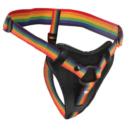 Rainbow Universal Harness with adjustable straps, padded front, silicone O-rings, and wide back strap for support. Perfect for pegging and strap-on play.

rainbow strap-on harness, pegging harness, universal harness, adjustable strap-on, padded strap-on harness, silicone O-ring harness, pride strap-on, heavy dildo support harness, rainbow nylon harness, strap-on for pegging.
