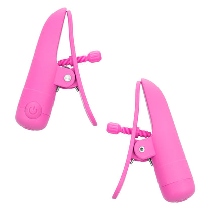 Nipplettes Rechargeable Nipple Clamps in pink or purple, with adjustable tension, 10 vibration functions, and waterproof, USB-rechargeable design.

pink nipple clamps, purple nipple clamps, adjustable nipple clamps, vibrating clamps, waterproof nipple clamps, USB rechargeable clamps, 10-function clamps, wearable nipple toys, sensory play accessories, stylish nipple clamps.