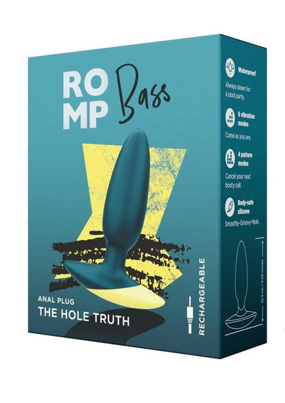 Romp Bass Rechargeable Silicone Anal Plug - Green Packaging of the ROMP Bass Vibrating Anal Plug, featuring a sleek teal design. Highlights include "6 vibration modes," "4 pattern modes," "waterproof," "body-safe silicone," and "USB rechargeable." Slogan: "The Hole Truth."