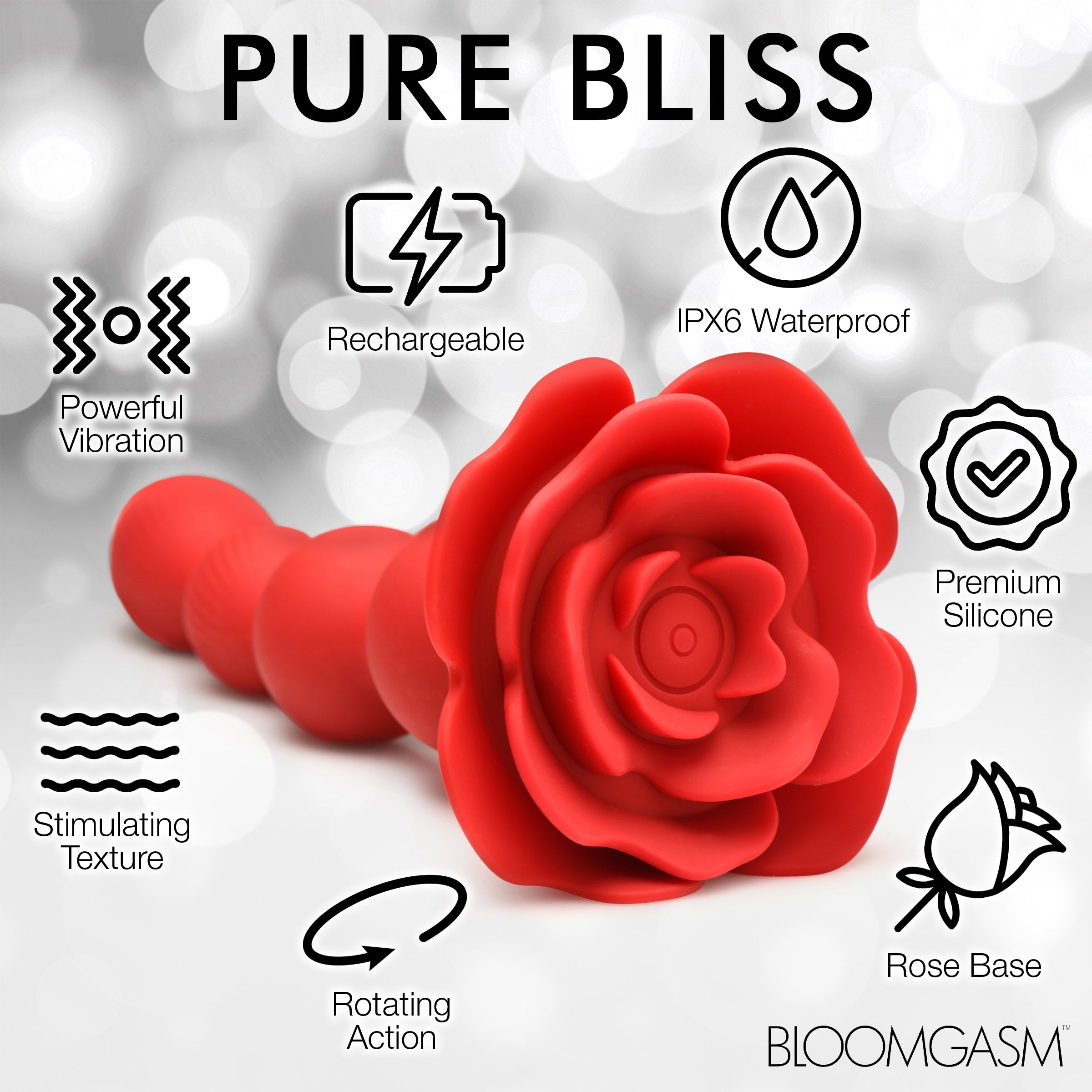 Rose Twirl 10X Vibrating & Rotating Silicone Anal Beads, featuring 3 speeds, 7 patterns, textured beads, premium silicone, and IPX6 waterproof design for body-safe backdoor pleasure
vibrating anal beads, rotating anal beads, silicone anal toy, textured anal beads, body-safe silicone, waterproof anal toy, rechargeable anal toy, anal beads for beginners, rose-themed adult toy