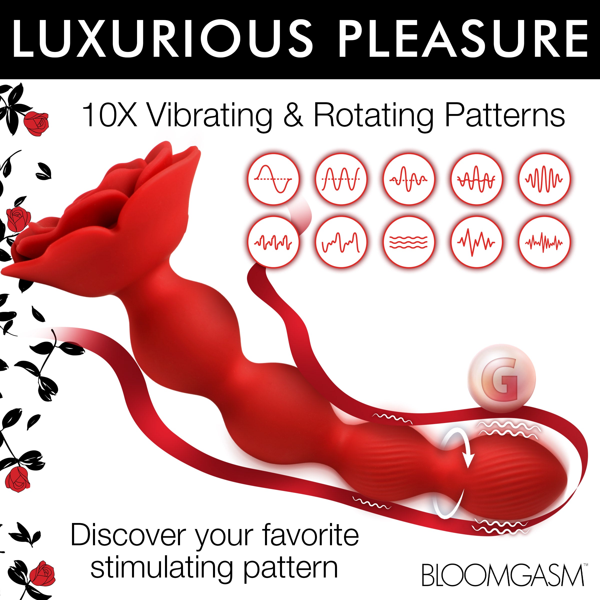 Rose Twirl 10X Vibrating & Rotating Silicone Anal Beads, featuring 3 speeds, 7 patterns, textured beads, premium silicone, and IPX6 waterproof design for body-safe backdoor pleasure
vibrating anal beads, rotating anal beads, silicone anal toy, textured anal beads, body-safe silicone, waterproof anal toy, rechargeable anal toy, anal beads for beginners, rose-themed adult toy