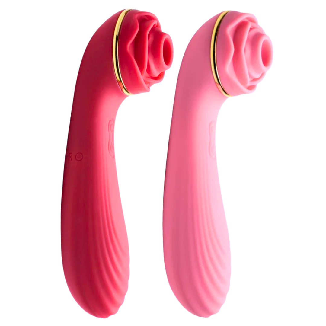 Suction rose vibrator with 10 suction levels, vibrating textured shaft, 3 speeds, 7 patterns, waterproof, rechargeable, body-safe silicone.

rose vibrator, clitoral suction vibrator, textured shaft vibrator, 10 suction levels, vibrating rosebud toy, waterproof silicone vibrator, rechargeable rose vibrator, body-safe silicone, rose clit stimulator, air-stim technology toy.