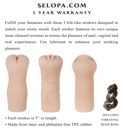 Set of 3 lifelike strokers with unique textures for anal, vaginal, and oral stimulation; 5-inch TPE design.

3-piece stroker set, lifelike strokers for men, anal stroker, vaginal stroker, oral stroker, TPE strokers, body-safe masturbators, Evolved Novelties strokers, water-based lube strokers, latex-free strokers, phthalate-free masturbators, compact stroker set, male masturbator trio.