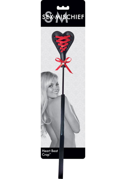 Sportsheets Heart Beat Crop: Dual-sided spanking crop with smooth and laced surfaces, red corset-inspired lacing, and sparkling bling for stylish impact play.