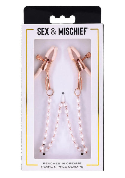 Rose gold nipple clamps with faux pearl accents. Adjustable design with white rubber tips to enhance sensitivity. Hypoallergenic and nickel-free for safe, stylish play.