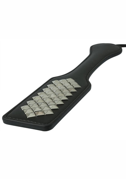 Sportsheets Sex & Mischief Studded Paddle with a smooth vinyl side and studded nickel-free hardware side, designed for versatile BDSM play.

