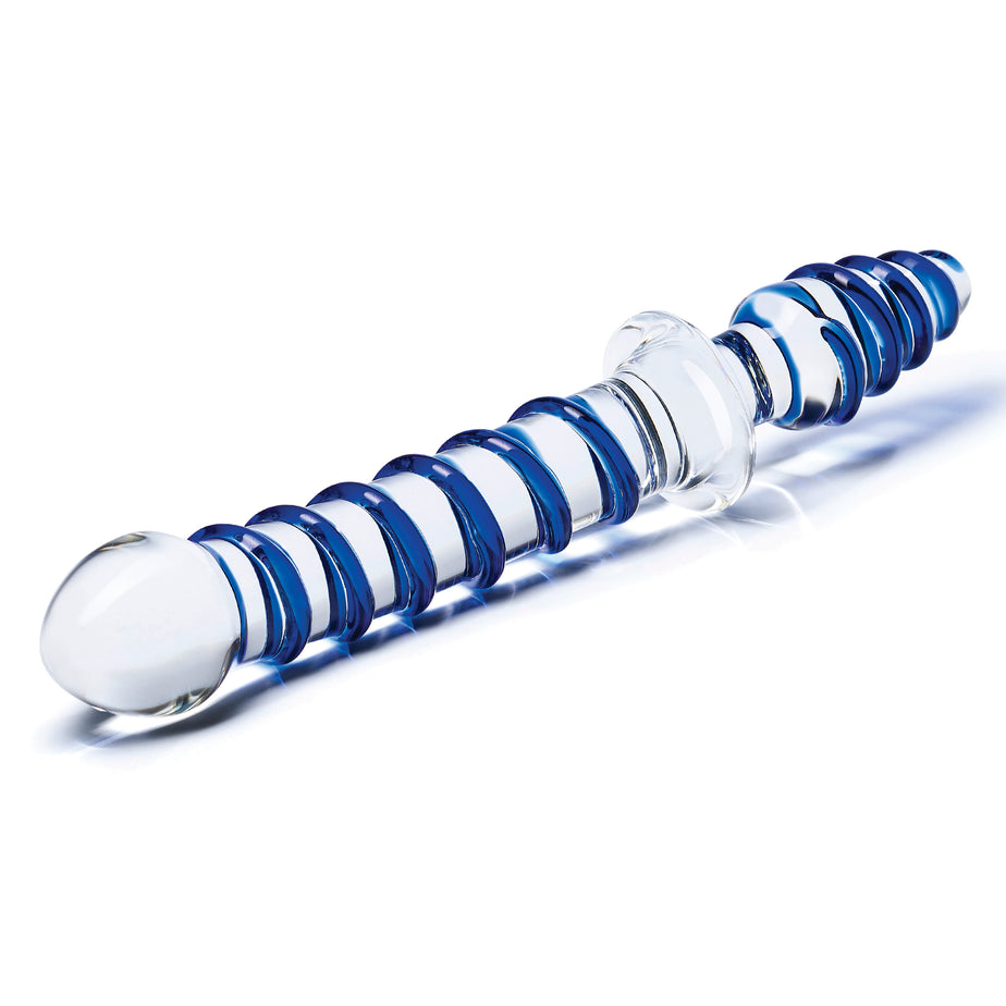 10-inch double-ended glass dildo with a tapered tip and swirling ridges for G-spot or backdoor stimulation. Hypoallergenic, fracture-resistant, and temperature-responsive.

Gläs Mr. Swirly dildo, 10-inch glass dildo, double-ended glass dildo, glass butt plug, ridged glass dildo, G-spot glass toy, P-spot stimulation toy, hypoallergenic glass dildo, temperature-responsive glass toy, handblown artisan glass dildo
