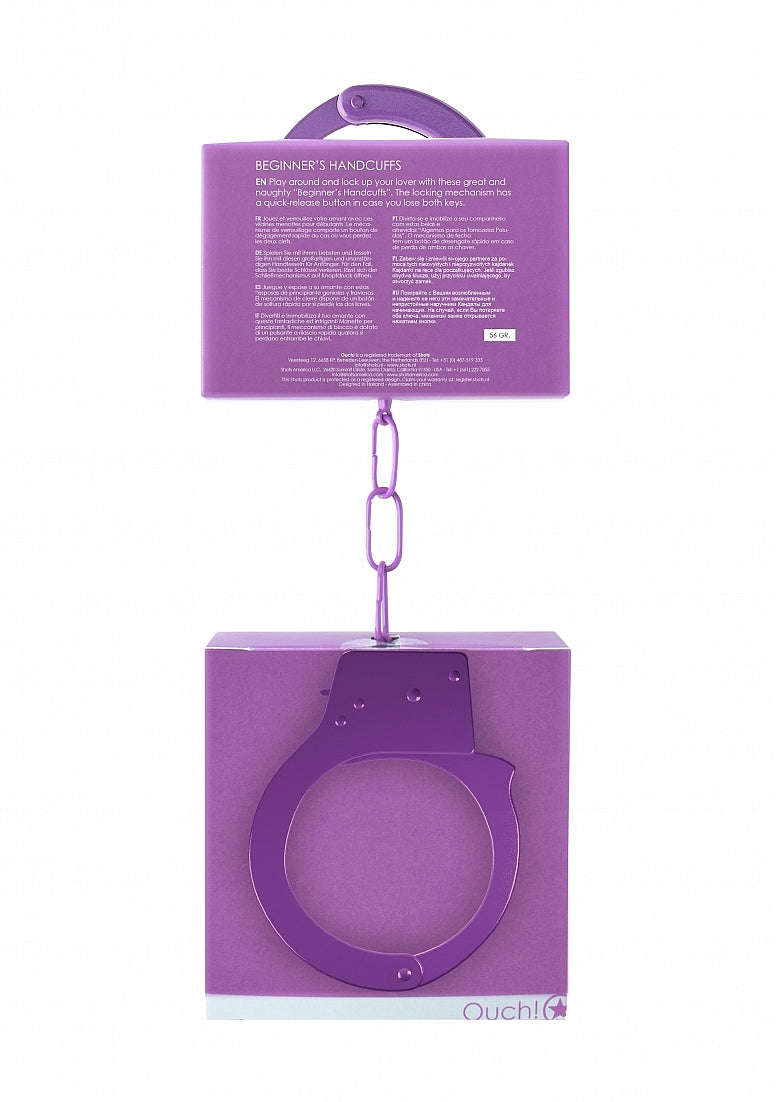 Beginner's Metal Handcuffs by Shots Toys in purple, pink, red, or silver with quick-release button and secure locking mechanism.
Beginner's Metal Handcuffs, colorful handcuffs, purple handcuffs, pink handcuffs, red handcuffs, silver handcuffs, quick-release handcuffs, bondage handcuffs, beginner bondage gear, metal handcuffs, playful restraint cuffs.