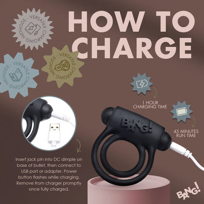 Bang! Vibrating Cock Ring with dual rings, vibrating bullet, 4 speeds, 7 patterns, and remote control.
Keywords: vibrating cock ring, dual-ring cock ring, cock and ball ring, Bang! vibrating cock ring, clitoral stimulation cock ring, silicone cock ring, waterproof cock ring, rechargeable cock ring, remote-controlled cock ring, body-safe cock ring, 4-speed cock ring, 7-pattern cock ring, erection-enhancing ring, black cock ring, blue cock ring, purple cock ring, pink cock ring.
