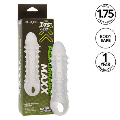 Performance Maxx™ Liquid Silicone Adonis® Clear Liquid Silicone penis enhancer with a 1.75-inch solid head, textured interior, and built-in scrotum strap for secure, waterproof pleasure.

Performance Maxx Adonis, Liquid Silicone enhancer, penis sleeve with scrotum strap, textured hollow shaft, waterproof penis enhancer, phthalate-free silicone sleeve, length and girth enhancer, secure penis sleeve, clear silicone penis enhancer, premium penis extension