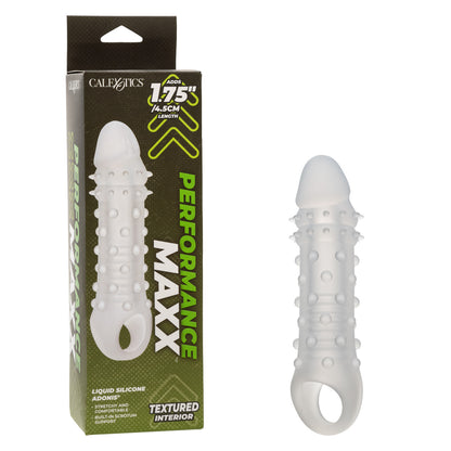 Performance Maxx™ Liquid Silicone Adonis® Clear Liquid Silicone penis enhancer with a 1.75-inch solid head, textured interior, and built-in scrotum strap for secure, waterproof pleasure.

Performance Maxx Adonis, Liquid Silicone enhancer, penis sleeve with scrotum strap, textured hollow shaft, waterproof penis enhancer, phthalate-free silicone sleeve, length and girth enhancer, secure penis sleeve, clear silicone penis enhancer, premium penis extension