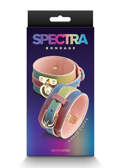 Rainbow ankle cuffs with adjustable faux leather straps and couture hardware for stylish bondage play.

Spectra Bondage Ankle Cuff - Multicolor/Rainbow Keywords: Spectra Bondage Ankle Cuffs Rainbow, rainbow BDSM ankle cuffs, colorful bondage restraints, faux leather cuffs, NS Novelties ankle cuffs, adjustable ankle restraints, vibrant BDSM accessories, stylish bondage gear, kink ankle cuffs, colorful fetish restraints.
