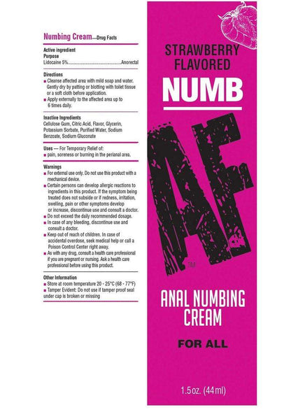 Close-up of the packaging for strawberry flavored NUMB AF Anal Numbing Cream in a 1.5 oz (44 ml) tube. The pink box displays the product name with flavor at the top and "Anal Numbing Cream For All" at the bottom. The left side of the box lists active and inactive ingredients, directions, uses, and warnings. The cream contains 5% lidocaine for temporary relief of pain, soreness, or burning in the perianal area. Safety and usage instructions are provided, including storage information and cautions 