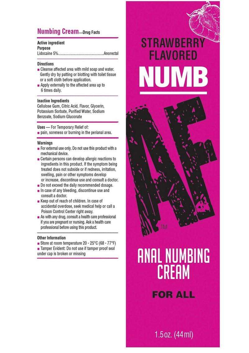 Close-up of the packaging for strawberry flavored NUMB AF Anal Numbing Cream in a 1.5 oz (44 ml) tube. The pink box displays the product name with flavor at the top and "Anal Numbing Cream For All" at the bottom. The left side of the box lists active and inactive ingredients, directions, uses, and warnings. The cream contains 5% lidocaine for temporary relief of pain, soreness, or burning in the perianal area. Safety and usage instructions are provided, including storage information and cautions 