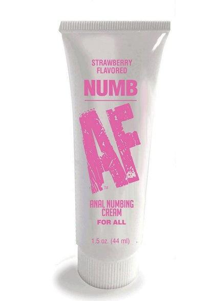 Tube of Strawberry Flavored NUMB AF Anal Numbing Cream in a 1.5 oz (44 ml) size. The packaging features bold blue text with "NUMB AF" prominently displayed, along with "Anal Numbing Cream For All" beneath it. The flavor is listed at the top, and the tube has a simple, clean design, emphasizing its numbing function and flavor.
