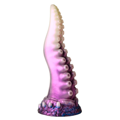 Pearly white, purple, and blue tentacle dildo with textured suckers, a suction-cup base, and a wide, tapered shaft for intergalactic roleplay.