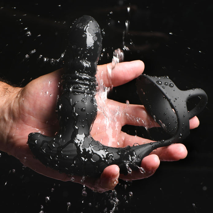 10X Thrusting Silicone Vibrator with Cock & Ball Strap, remote-controlled, black, waterproof, rechargeable, body-safe silicone.

thrusting butt plug, cock ring with vibrator, Thunderplug, anal and cock strap toy, vibrating anal plug, rechargeable anal toy, waterproof vibrator, silicone butt plug, thrusting anal toy, vibrating cock ring.