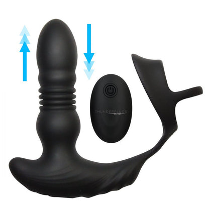 10X Thrusting Silicone Vibrator with Cock & Ball Strap, remote-controlled, black, waterproof, rechargeable, body-safe silicone.

thrusting butt plug, cock ring with vibrator, Thunderplug, anal and cock strap toy, vibrating anal plug, rechargeable anal toy, waterproof vibrator, silicone butt plug, thrusting anal toy, vibrating cock ring.