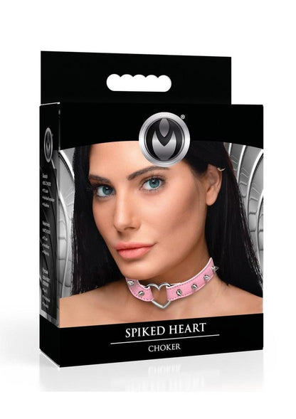 vegan leather spiked collar, adjustable kink collar, cruelty-free BDSM collar, nickel-free collar, edgy fashion accessory, light pink spiked collar, black spiked collar, heart accent collar, stylish BDSM accessories, vegan leather choker