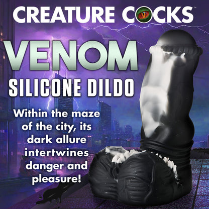 Black and white fantasy silicone dildo with ribbed head, suction-cup base, and spiky balls.

Venom-inspired dildo, fantasy silicone dildo, Creature Cocks Venom, alien rod dildo, ribbed fantasy dildo, suction cup alien dildo, harness-compatible dildo, premium silicone toy, black and white dildo, phthalate-free fantasy toy