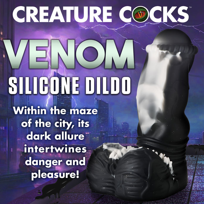 Black and white fantasy silicone dildo with ribbed head, suction-cup base, and spiky balls.

Venom-inspired dildo, fantasy silicone dildo, Creature Cocks Venom, alien rod dildo, ribbed fantasy dildo, suction cup alien dildo, harness-compatible dildo, premium silicone toy, black and white dildo, phthalate-free fantasy toy
