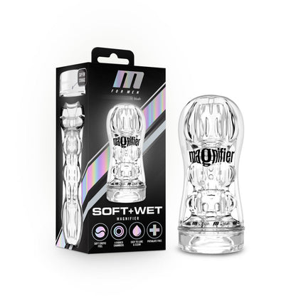 M For Men Magnifier Clear Masturbator with self-lubricating design, four pleasure chambers, Perfectflo suction, and a pliable, open-ended canister.

M For Men Magnifier, self-lubricating stroker, clear masturbator, Perfectflo suction, realistic male stroker, textured chambers stroker, open-ended masturbator, large male stroker, body-safe TPE stroker, Blush stroker.