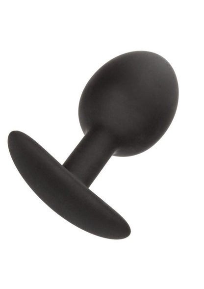 Weighted Silicone Anal Plug - Black A sleek, black weighted silicone plug with a tapered bulbous design, an ergonomic flared base, and discreet packaging that highlights its 0.57 oz weighted tip and premium body-safe material.