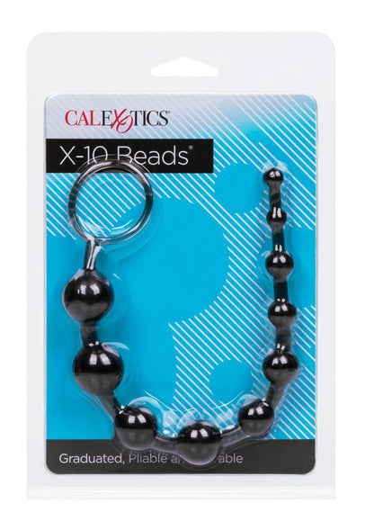 Packaging for CalExotics X-10 Beads featuring black graduated anal beads with a retrieval loop, displayed against a blue striped background. Product description reads "Graduated, Pliable, and Durable."