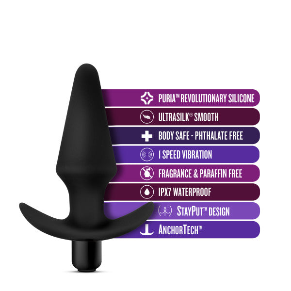 Infographic. Puria revolutionary, silicone, ultra, silk, smooth, body, safe, phthalate, free, one speed, vibration, fragrance, and paraffin free IPX seven waterproof stay put design anchor, tech