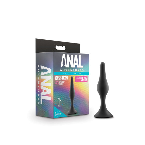 Product display next to packaging which reads anal adventures platinum 100% silicone, beginner plug