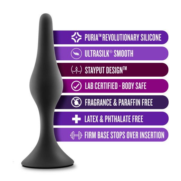 Product info, graphic displayed. Puria revolutionary silicone ultra, silk smooth stay, put design lab, certified body, safe fragrance and paraffin free latex, and phthalate free firm base stops over insertion