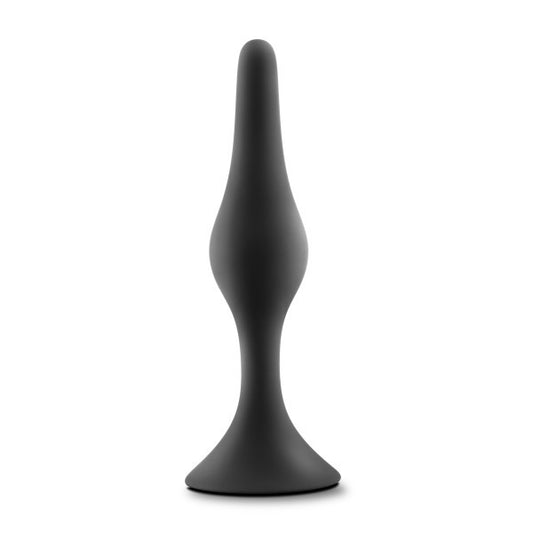 Product shown without packaging. Black silicone butt plug with teardrop shape and flared base.