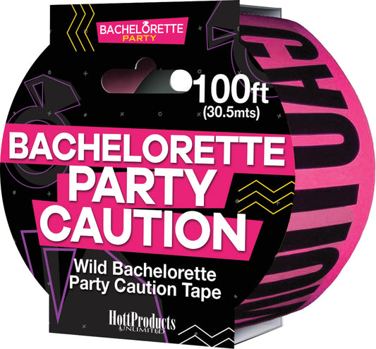 Product shown. Pink and black caution tape. Product reads bachelorette party caution. Wild bachelorette party caution tape. 100ft. 20.5m