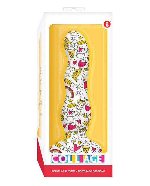 Product shown in packaging. Colorful box. White and yellow. Box reads, collage, premium silicone, body, safe coloring.
