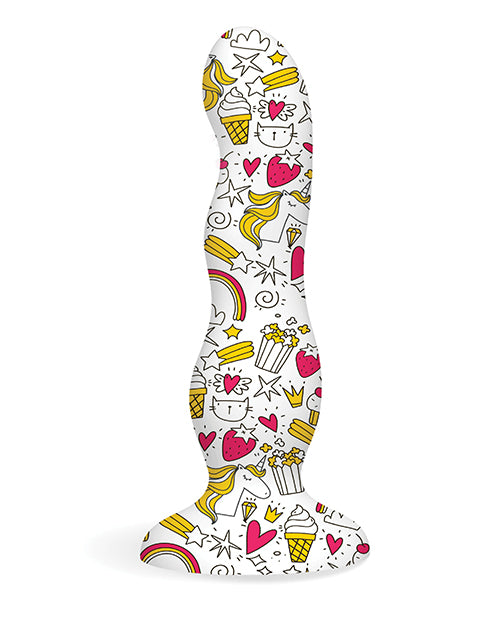 Product shown out of packaging. 7 inch dildo rippled in nature, flared suction cup base. Doodles are printed on. Dildo is white with doodles of cats, strawberries, bananas, shooting stars, rainbows, popcorn, unicorns, and various spirals diamonds, and stars.