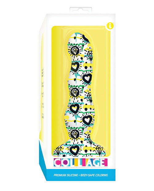 Product displayed in box. Colorful box and packaging. Yellow and white. Label reads, collage, premium silicone, body safe coloring.