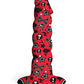 Product displayed out of packaging. Red dildo with penis like tip and ripples on the shaft. Suction cup and flared base at the end. Product is red with black and white images painted on. Images are of skulls and crossbones stars, lightning bolts and dots.